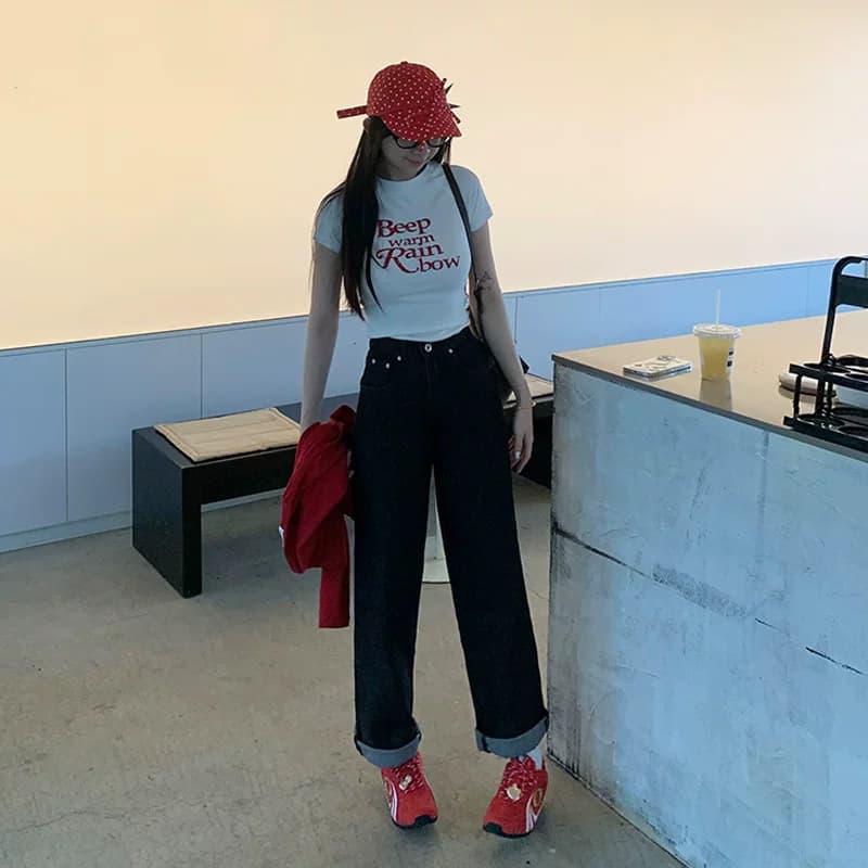 艾恩晟黑色窄版宽松阔腿牛仔裤女秋时尚洋气时髦卷边休闲裤显瘦直 - 缩略图4