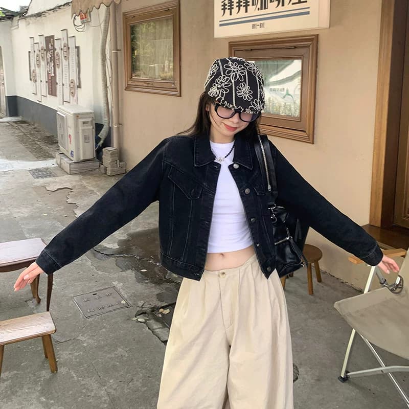 艾恩晟 牛仔外套短款港风潮酷女士正肩夹克宽松修身黑色小个子 - 缩略图4