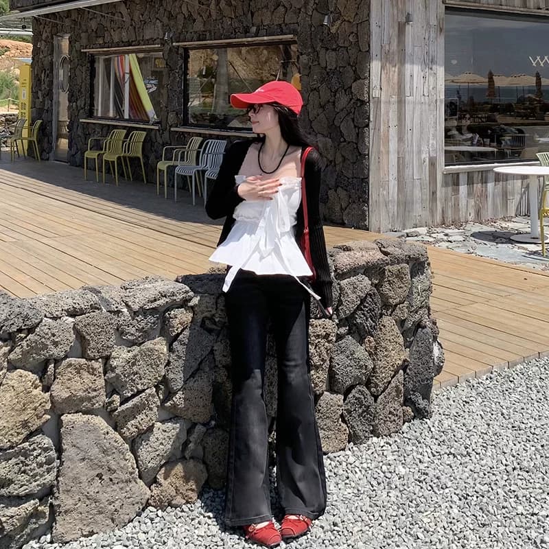 艾恩晟 牛仔裤女微喇叭黑灰色高弹性低腰  遮肉显瘦大长腿直筒 - 缩略图2