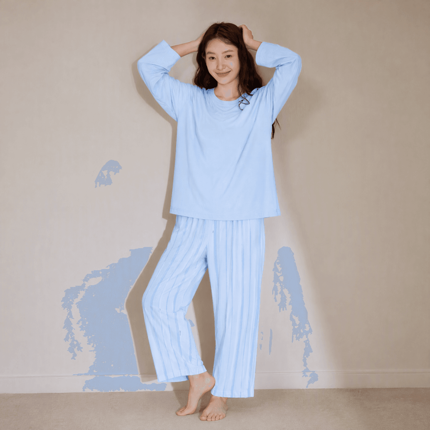 康妮雅秋季纯棉睡衣女长袖长裤家条纹居服全棉圆领宽松居家套装 - 缩略图5