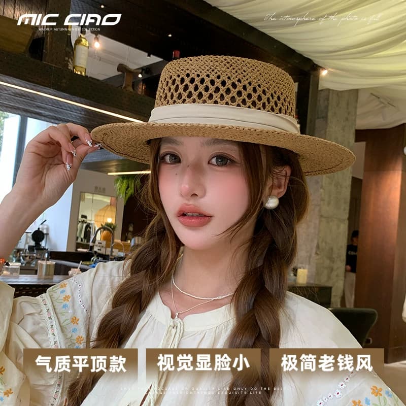 老钱风法式镂空草帽女2026新款夏季海边沙滩帽子度假太阳平顶礼帽 - 缩略图3