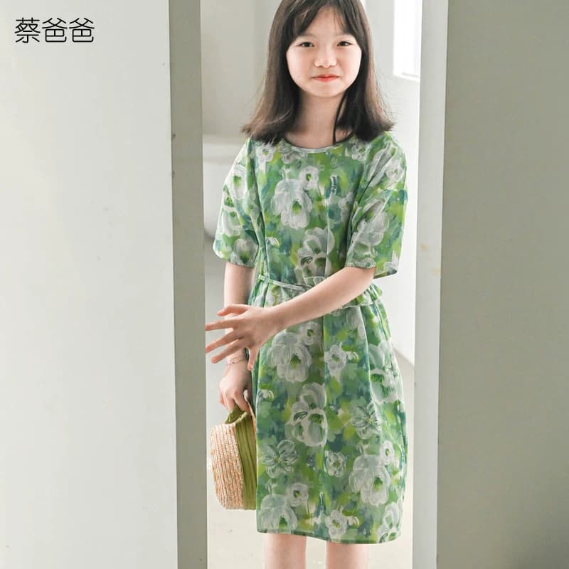 蔡爸爸原创童装小清新夏装碎花裙子 女大童少女全棉绿色连衣裙611 - 缩略图3