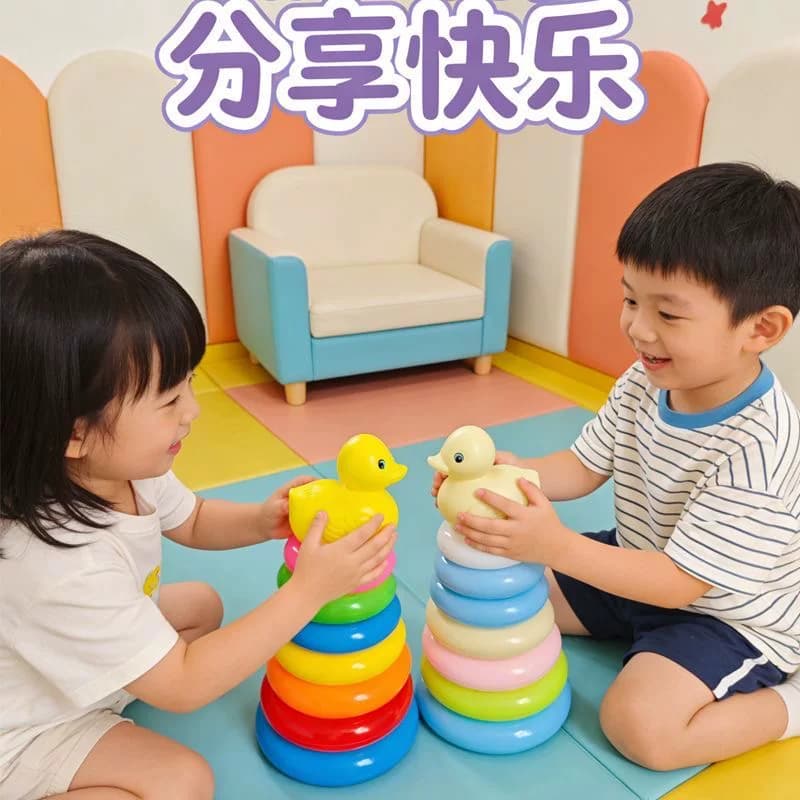 多彩圆形叠圈彩虹塔小黄鸭摆件 幼儿早教启蒙色彩识别益智玩具 - 缩略图5