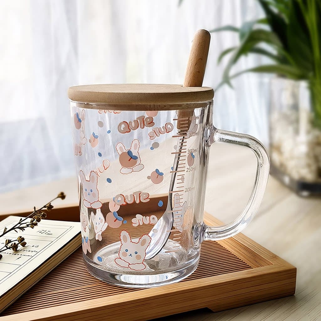 ins卡通杯子玻璃杯吸管杯勺刻度牛奶杯早餐杯情侣用微波炉便携 - 缩略图2