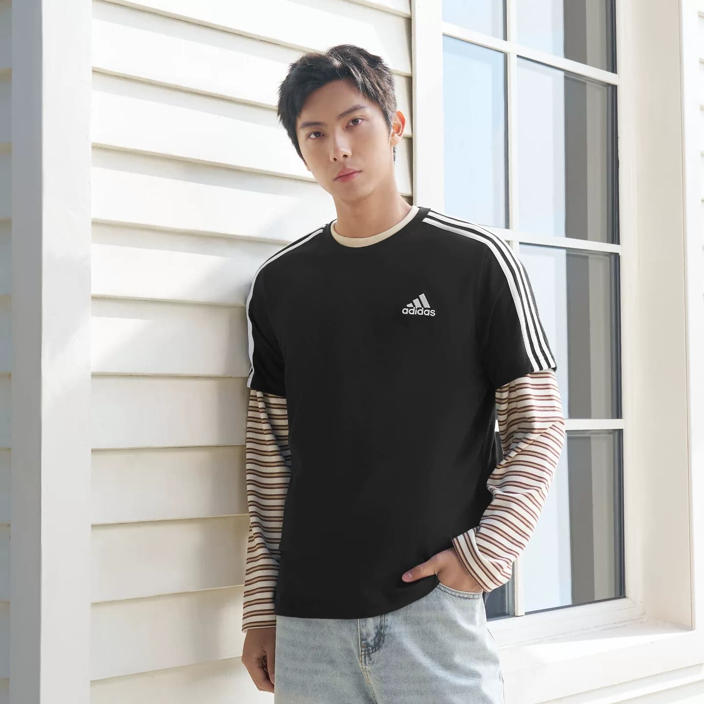 纯棉休闲百搭三条纹针织运动圆领短袖T恤上衣男夏adidas阿迪达斯 - 缩略图2