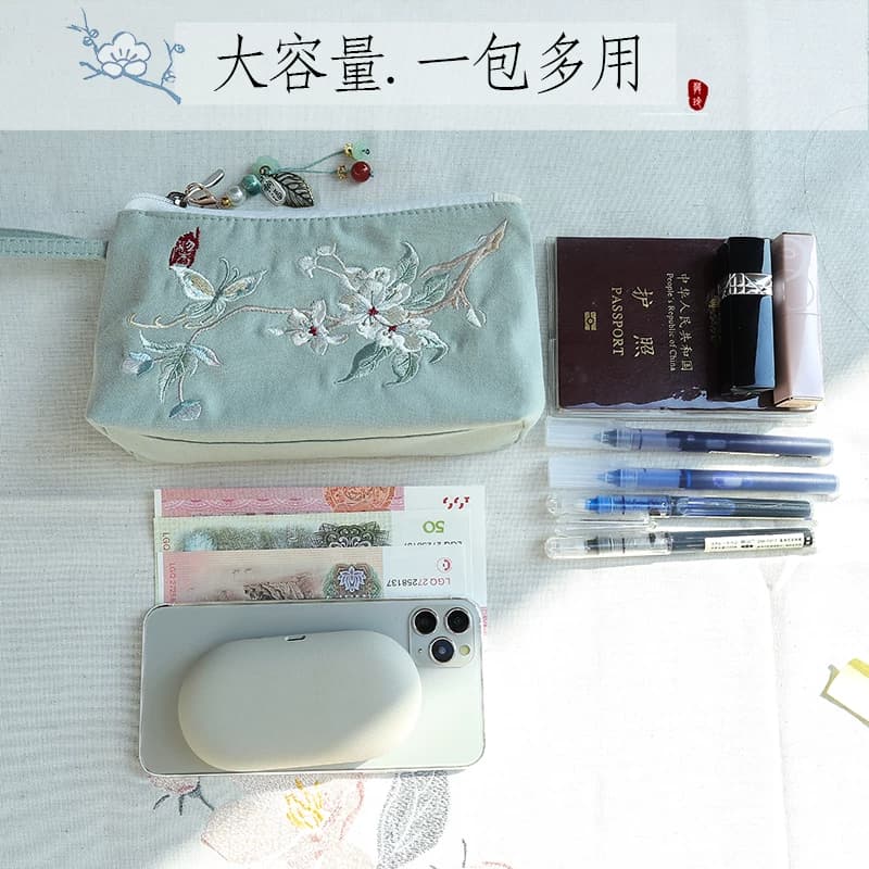 6.8寸手机包国风复古民族风简约帆布刺绣笔袋零钱钥匙拉链手拿包 - 缩略图4