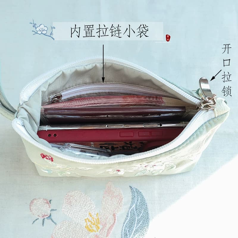6.8寸手机包国风复古民族风简约帆布刺绣笔袋零钱钥匙拉链手拿包 - 缩略图3