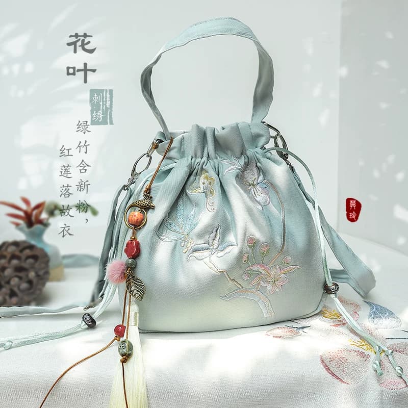 束口手提斜挎抽绳荷包汉元素流苏绣花仙女中国风古风帆布汉服包 - 缩略图3