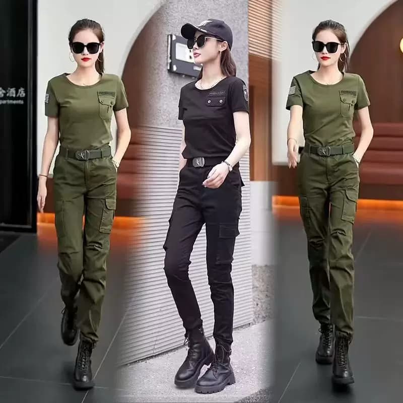 军绿色工装两件套显瘦百搭女士迷彩服套装新款薄款短款上衣弹力潮 - 缩略图3