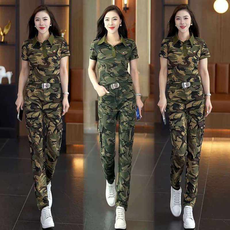 夏季迷彩服短袖套装女士工装服直筒裤显瘦大码舞蹈演出服登山潮 - 缩略图5