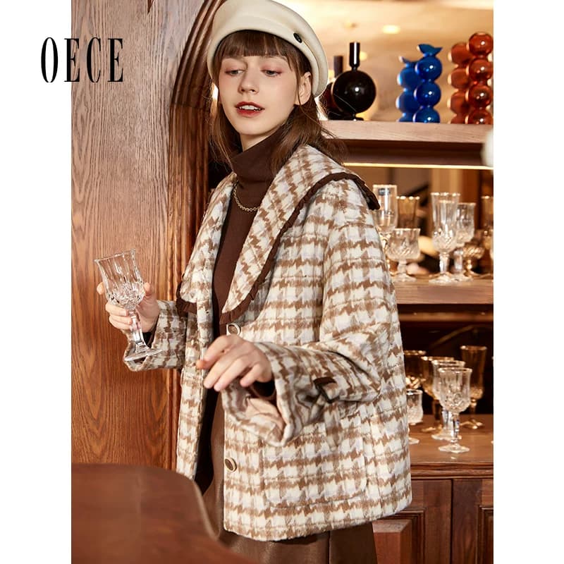 Oece毛呢外套冬季新款复古格子外套气质呢子呢大衣女 - 缩略图2