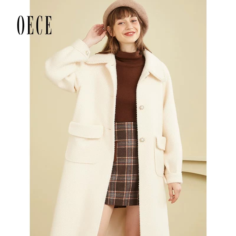 Oece冬装新款女装 复古中长款毛呢外套气质呢子大衣 - 缩略图2
