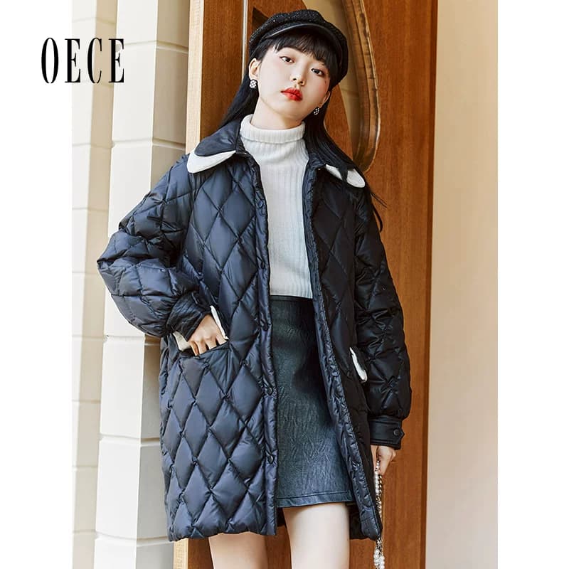 Oece中长款羽绒服冬装新款女复古学院风修身外套 - 缩略图4