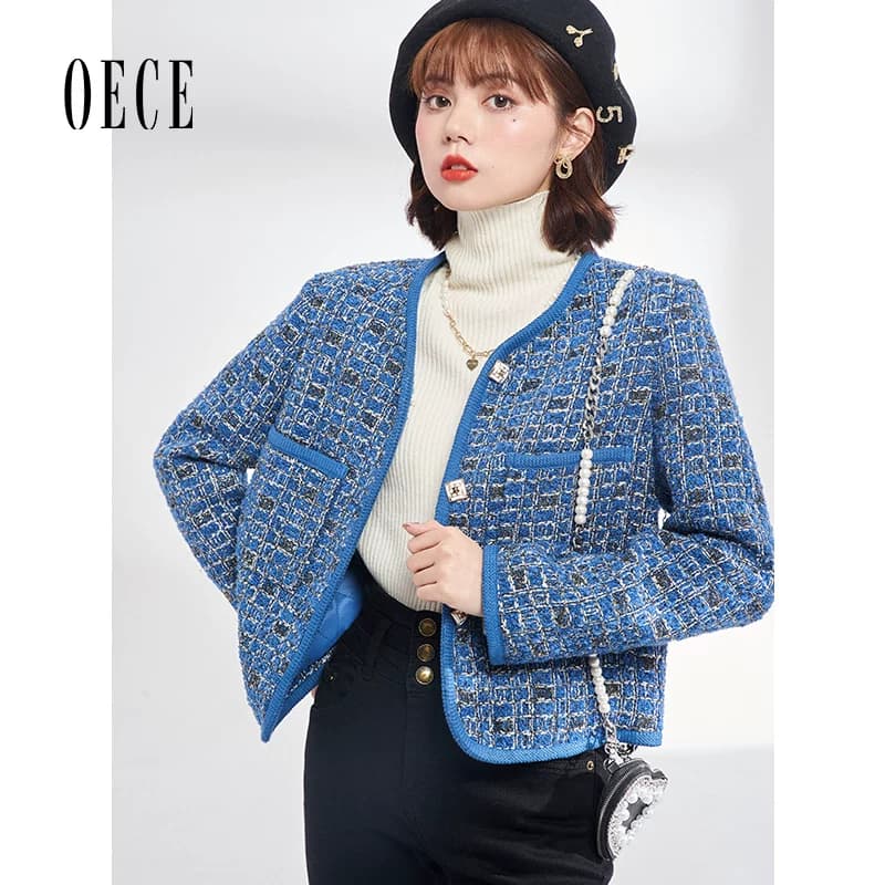 Oece复古小香风外套冬新款女气质花呢外套小个子 - 缩略图2