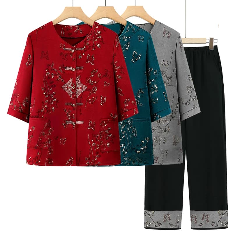 奶奶装夏装套装中老年女装短袖衬衫裤子老太太唐装两件套老人衣服 - 缩略图2