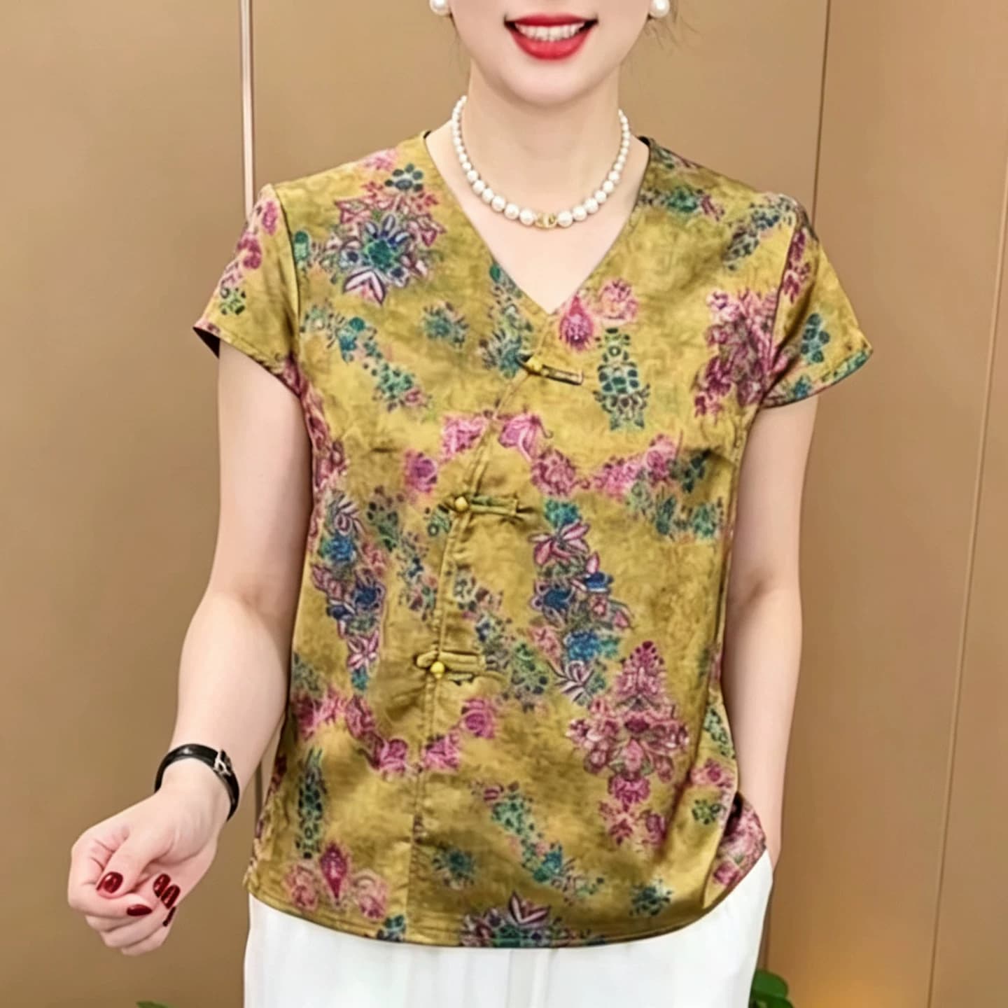 妈妈装V领斜门襟盘扣中式印花小衫时尚女夏季短袖T恤减龄百搭上衣 - 缩略图2