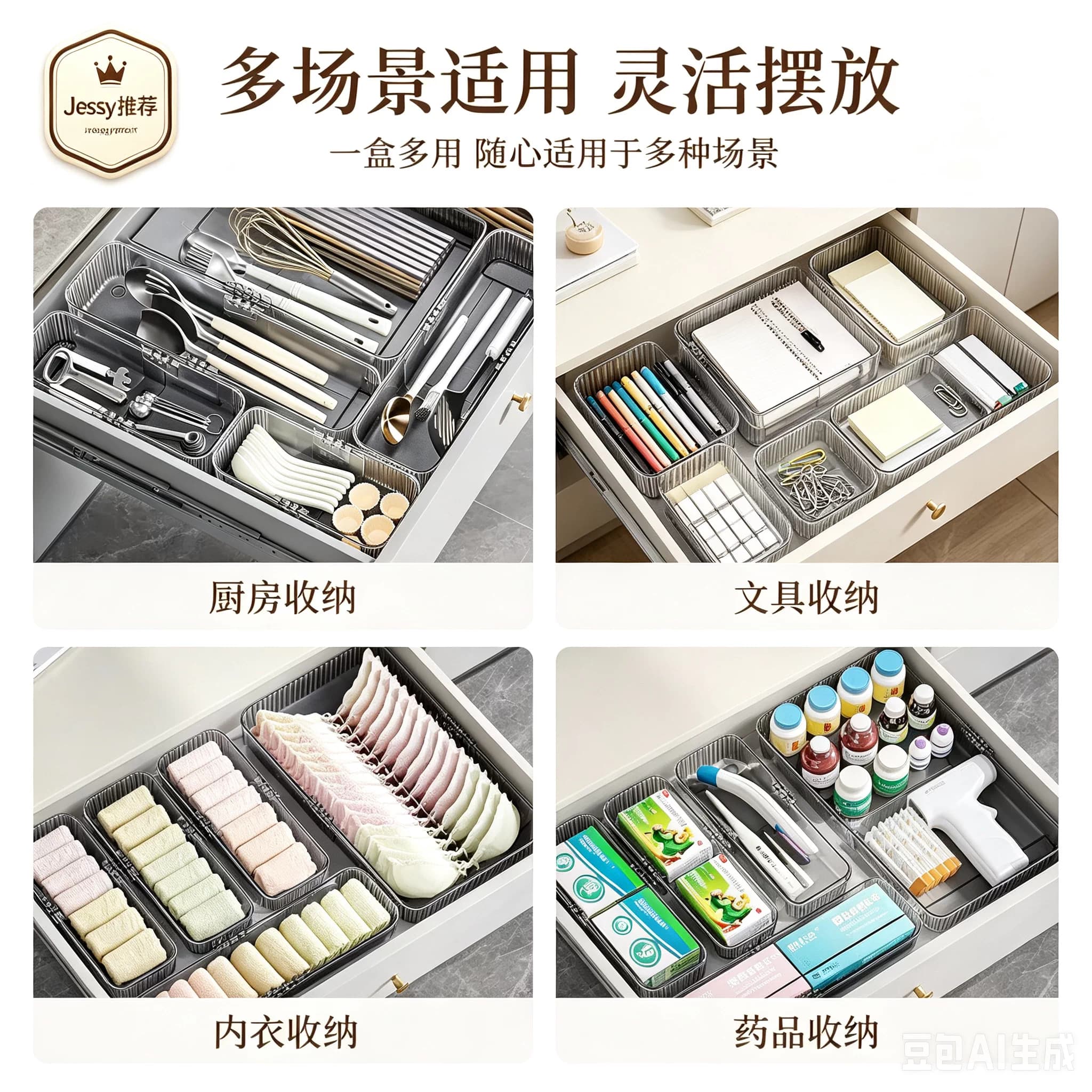 可伸缩厨房抽屉餐具收纳盒橱柜分格筷勺刀叉整理盒 透明PET材质 - 缩略图4