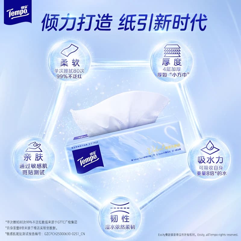 【4层也能柔软出众】Tempo/得宝Velvet臻享天鹅绒软抽婴儿可用M码 - 缩略图2
