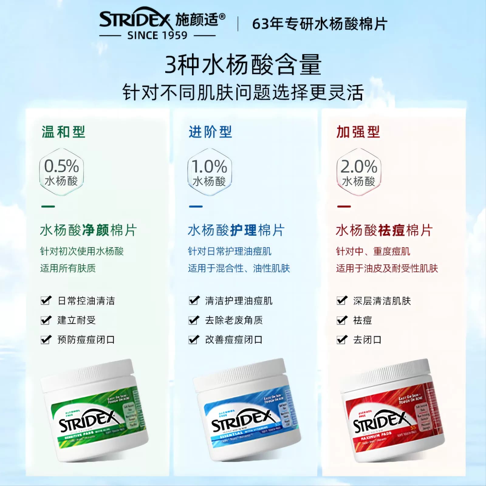 美国施颜适stridex刷水杨酸棉片去闭口粉刺黑头祛痘痘印酸清洁棉 - 缩略图3