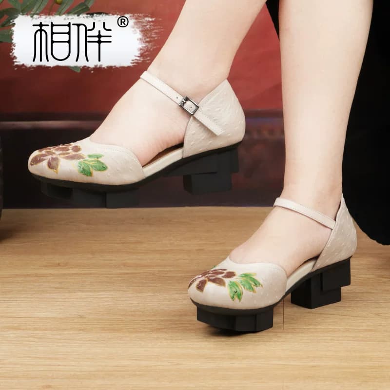 相伴真皮凉鞋夏季新款百搭羊皮高跟手绘古风复古民族风女鞋53212 - 缩略图4