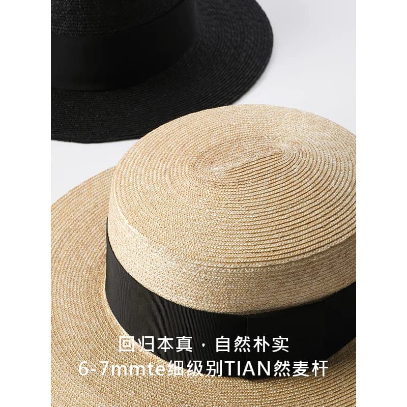 mrduck明星款轻奢特细手编麦秆草帽夏女法式平顶礼帽防晒太阳帽子 - 缩略图4