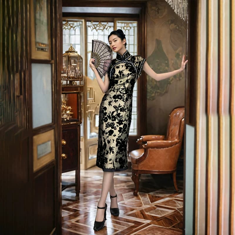 真丝桑蚕丝绒旗袍老上海风真丝烧花丝绒面料手工旗袍定制裁缝店 - 缩略图2