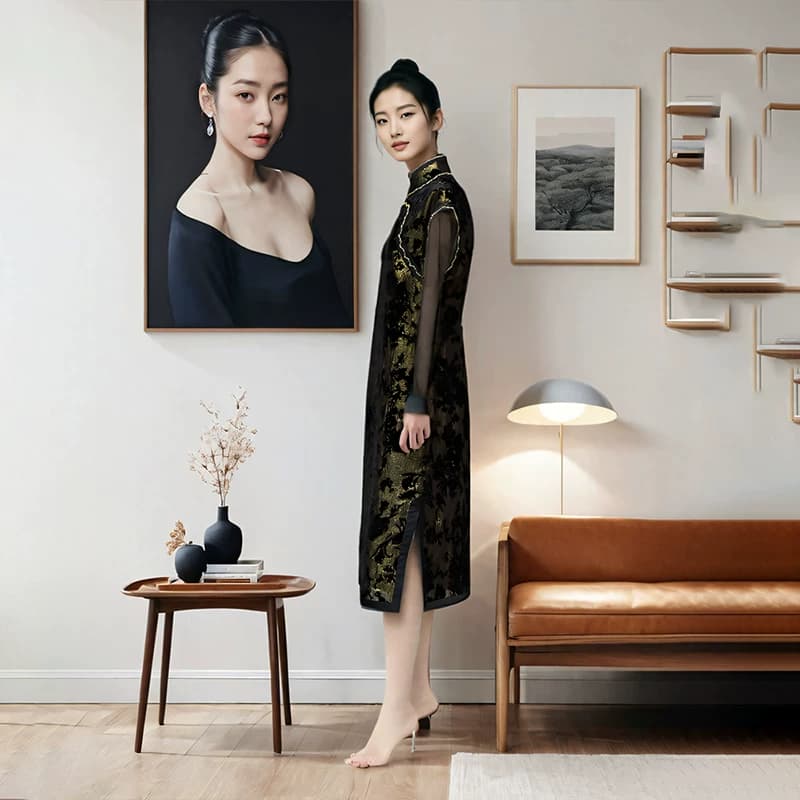 真丝桑蚕丝绒旗袍老上海风真丝烧花丝绒面料手工旗袍定制裁缝店 - 缩略图3