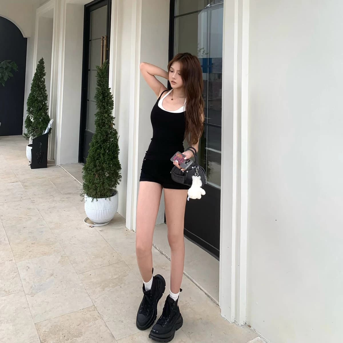 sunn21 美式复古撞色设计感挂脖吊带背心女夏季假两件修身上衣潮 - 缩略图3