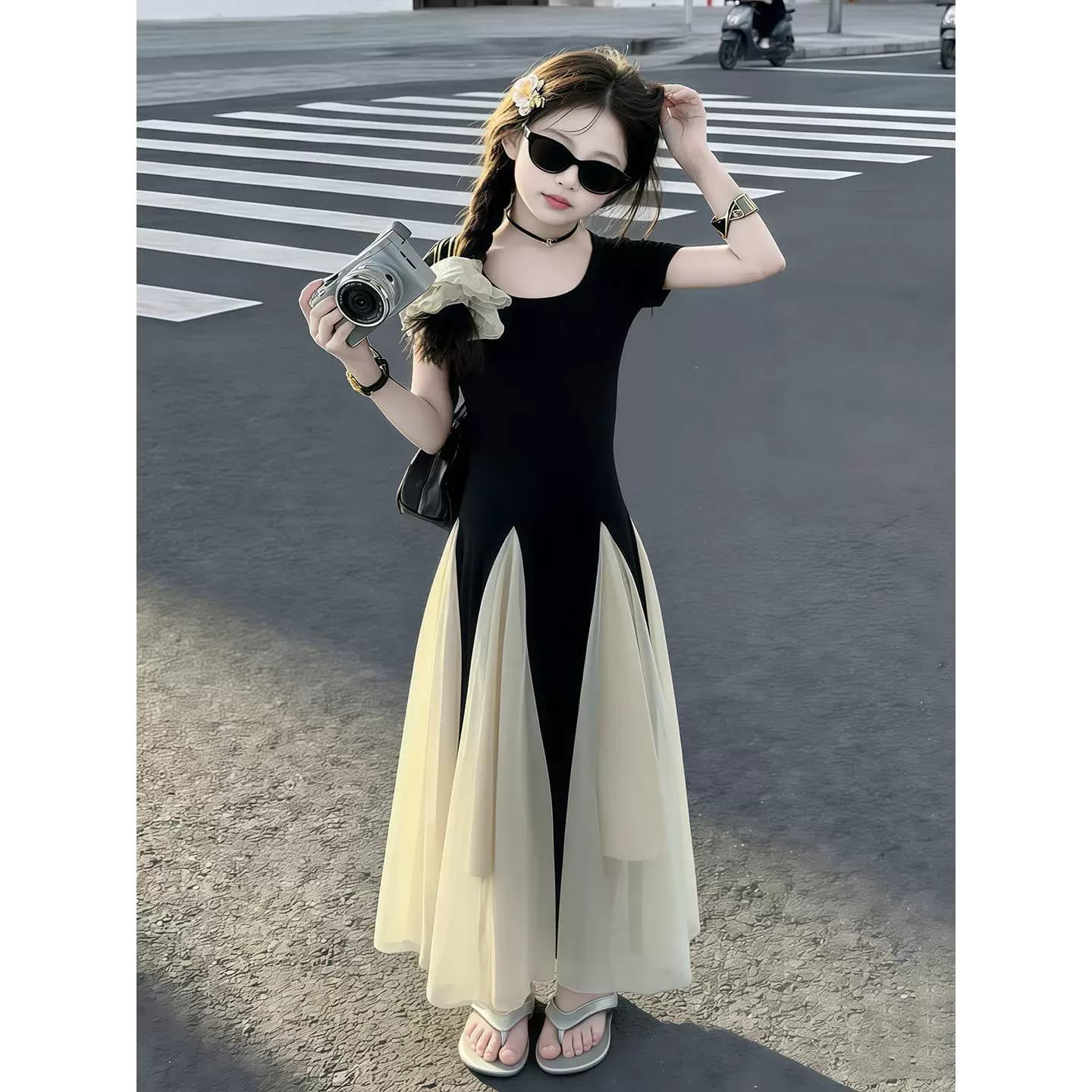 女大童夏日休闲连衣裙2026新款中大童韩版洋气时尚网纱拼接连衣裙 - 缩略图2