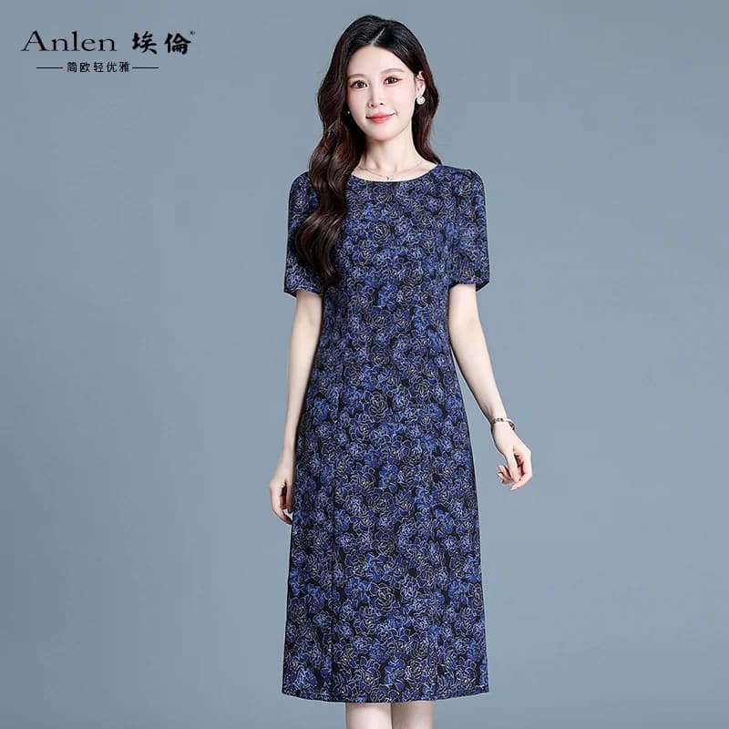 埃伦深蓝色印花气质连衣裙2026夏季新款妈妈洋气时尚减龄连身长裙 - 缩略图5