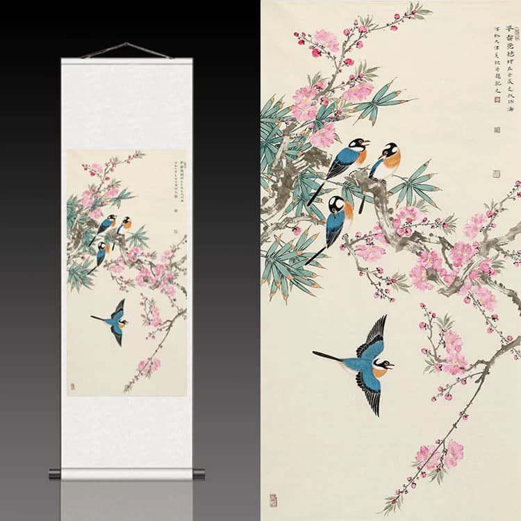 名家国画卷轴画丝绸字画书房客厅装饰招财花鸟画早春竟艳桃花四喜 - 缩略图2