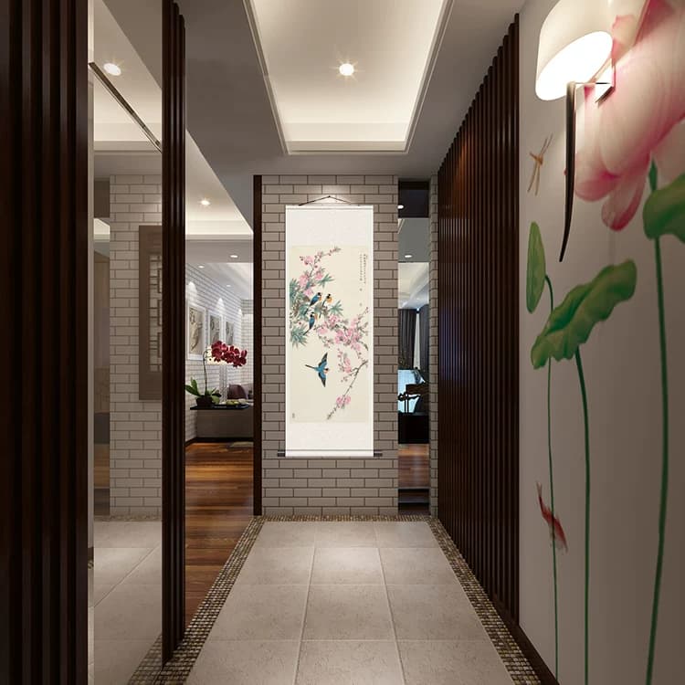名家国画卷轴画丝绸字画书房客厅装饰招财花鸟画早春竟艳桃花四喜 - 缩略图3