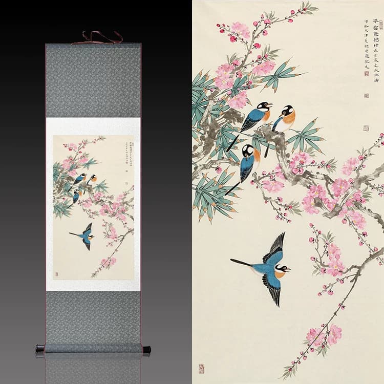 名家国画卷轴画丝绸字画书房客厅装饰招财花鸟画早春竟艳桃花四喜 - 缩略图5