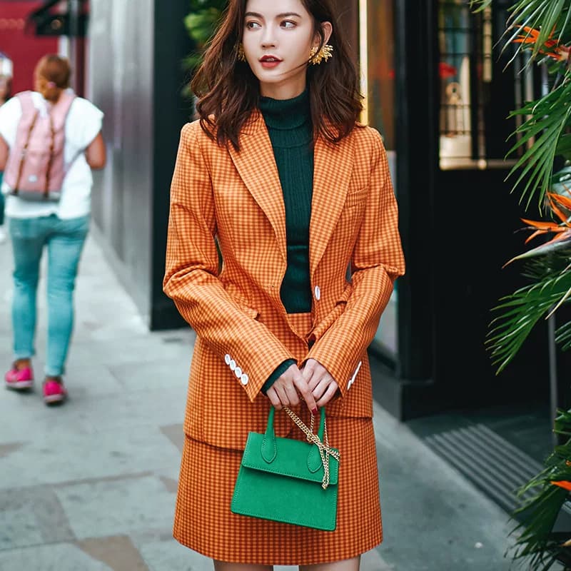 秋西装VIMI原创设计女装新款格纹气质职业白领装橙子果粒西服套装 - 缩略图3