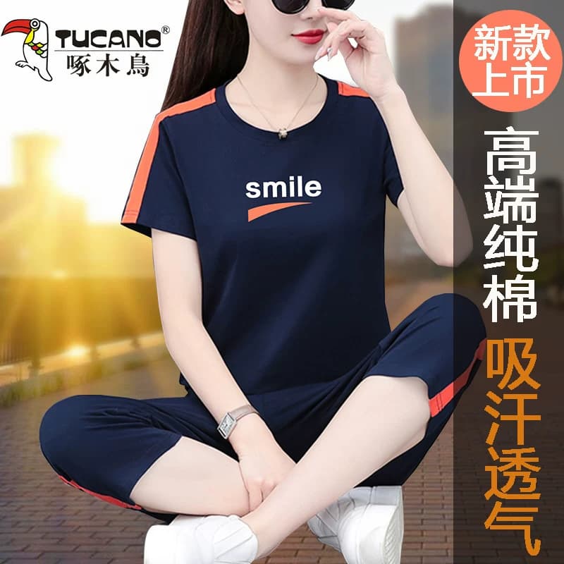 纯棉品牌运动套装女2026春秋新款时尚休闲风短袖七分裤两件套显瘦 - 缩略图3