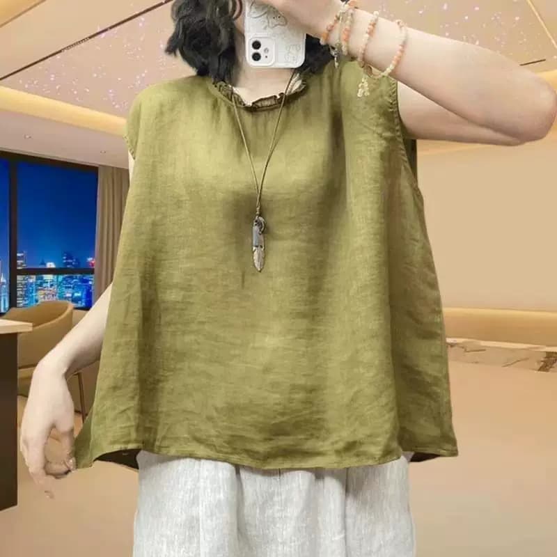 2026年夏季新款文艺宽松木耳花边圆领无袖棉麻衬衫女休闲小衫上衣 - 缩略图3