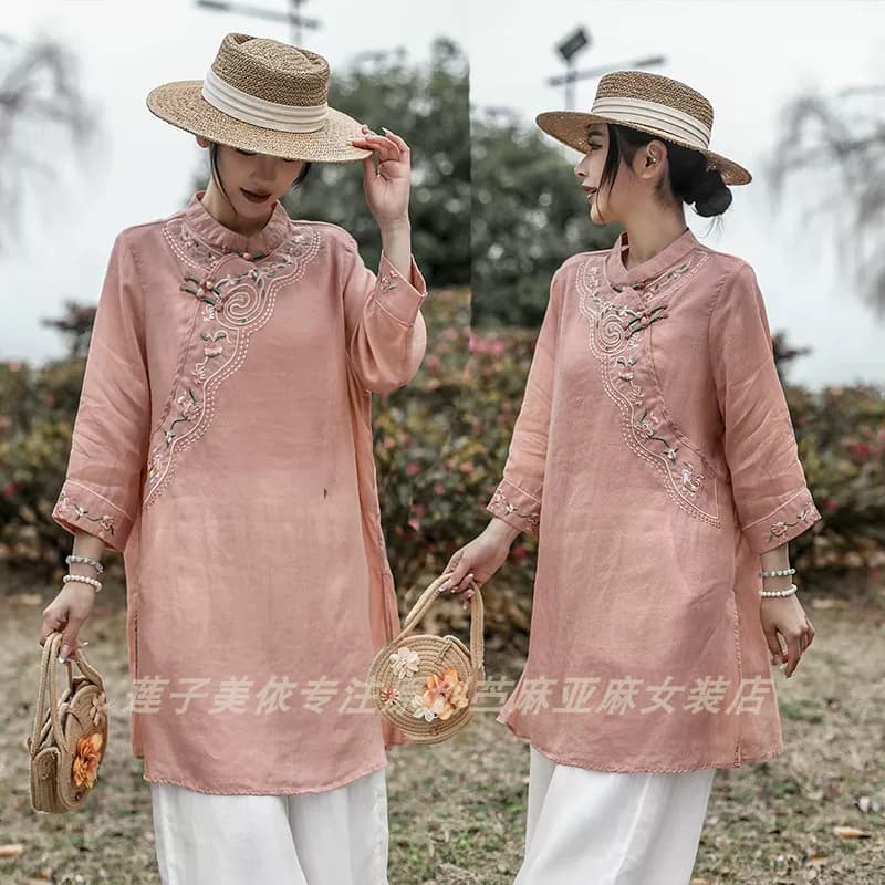 100%纯苎麻高端女夏薄款中长款衬衫立领盘扣刺绣中国风斜襟民族风 - 缩略图5