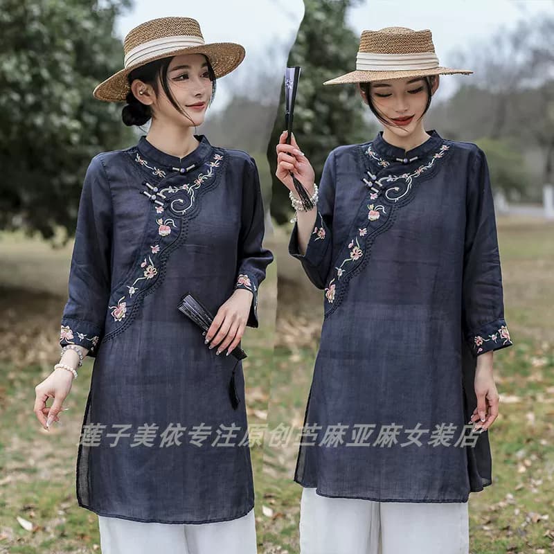 100%纯苎麻高端女夏薄款中长款衬衫立领盘扣刺绣中国风斜襟民族风 - 缩略图4