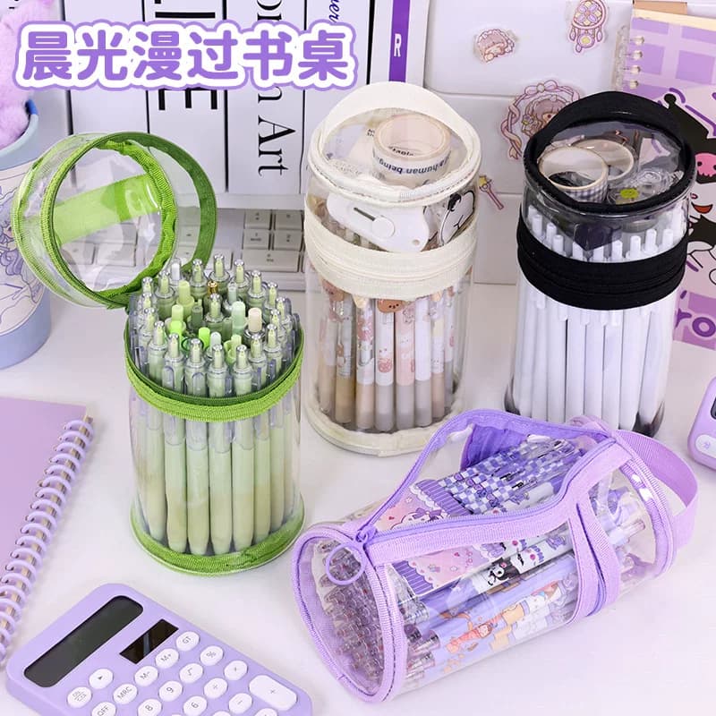 简约圆形透明笔袋高颜值圆筒铅笔盒学生大容量透明笔筒收纳文具盒 - 缩略图4
