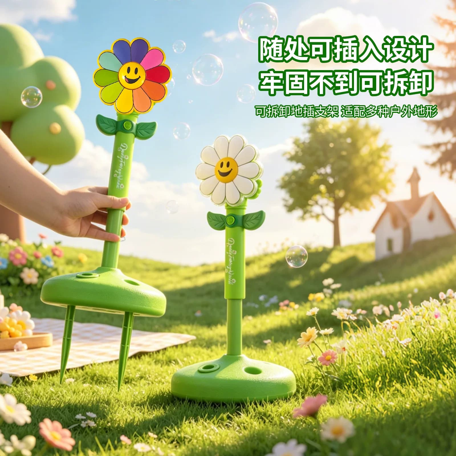 立式七色电动全自动大容量户外旋转风车冲天吹泡泡机户外儿童玩具 - 缩略图2