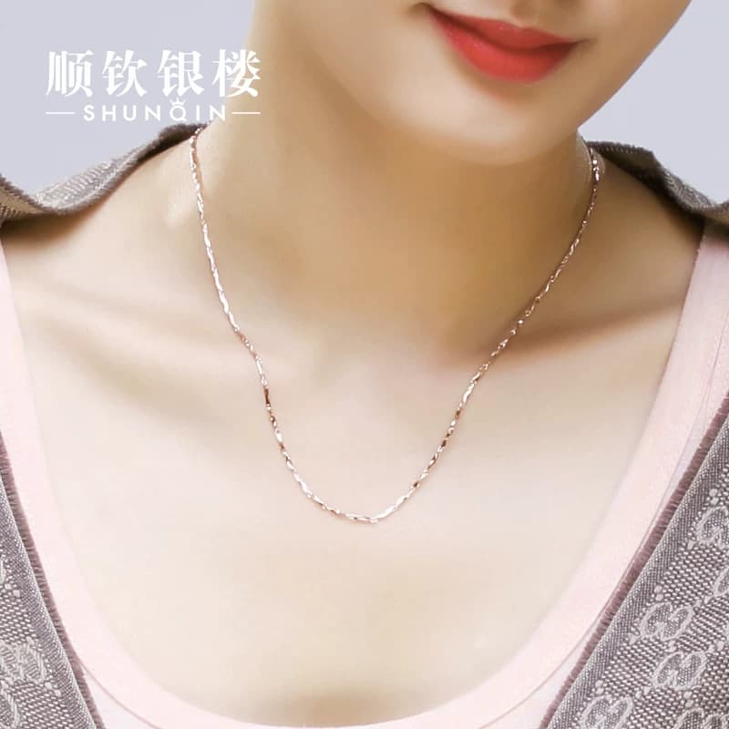 顺钦银楼S999足银本色元宝项链立体扭纹纯银小众百搭通勤锁骨链 - 缩略图4