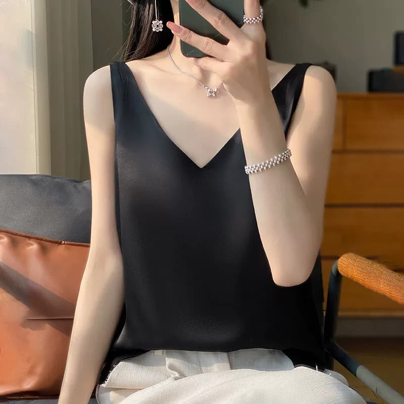 【严选】吊带背心女内搭小西装夏季新款纯色缎面醋酸V领上衣 - 缩略图5