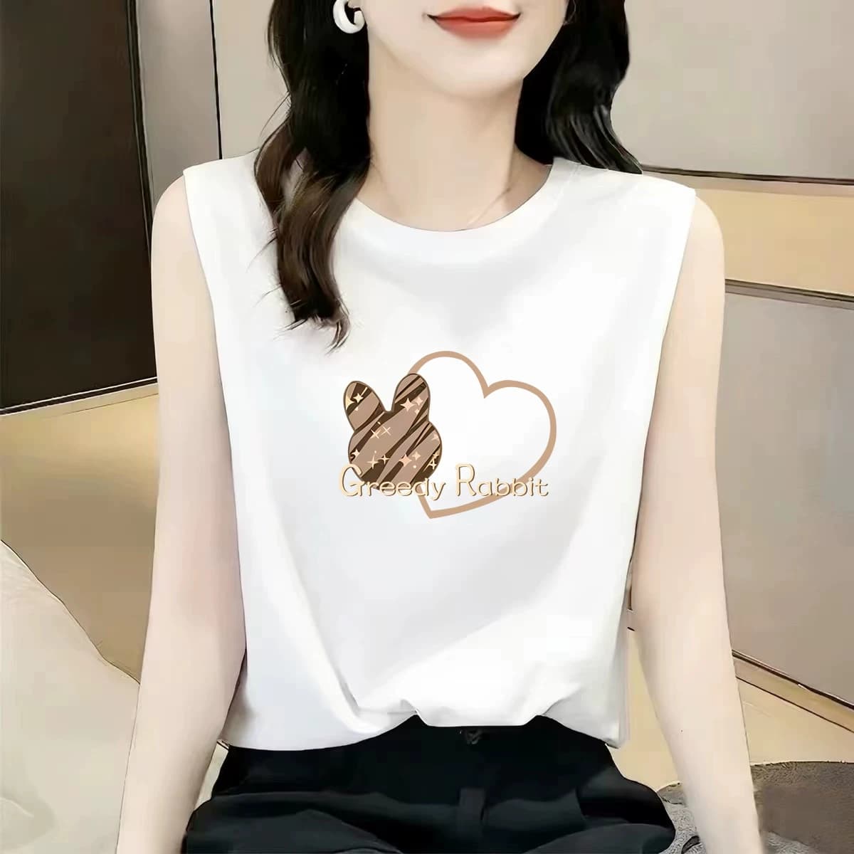 包邮韩版宽松无袖背心t恤女2026夏季新款纯棉印花上衣减龄百搭潮 - 缩略图2