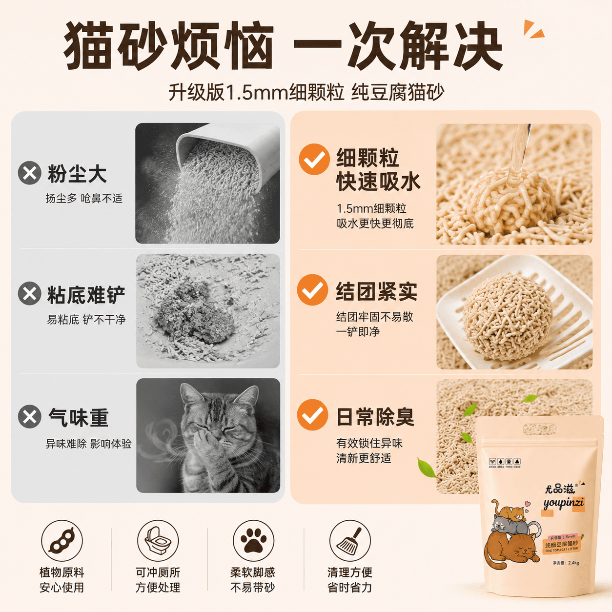尤品滋豆腐猫砂植物猫砂除臭结团成猫幼猫去味可冲马桶用品包邮 - 缩略图2