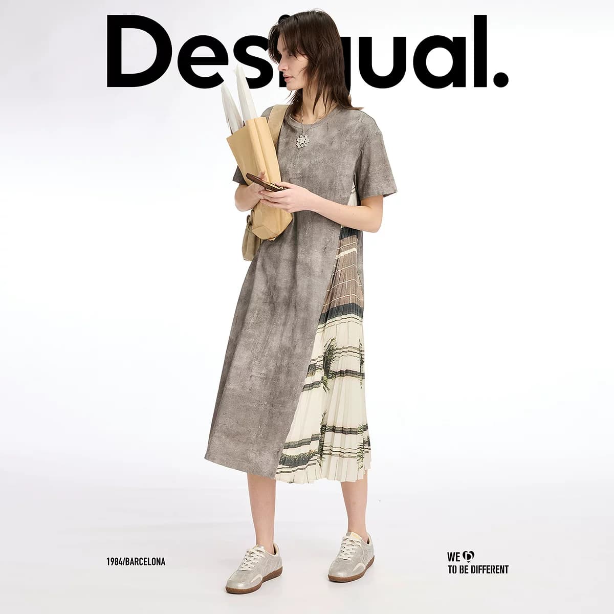 Desigual宽松不对称百褶拼接印花短袖T恤裙连衣裙 - 缩略图4