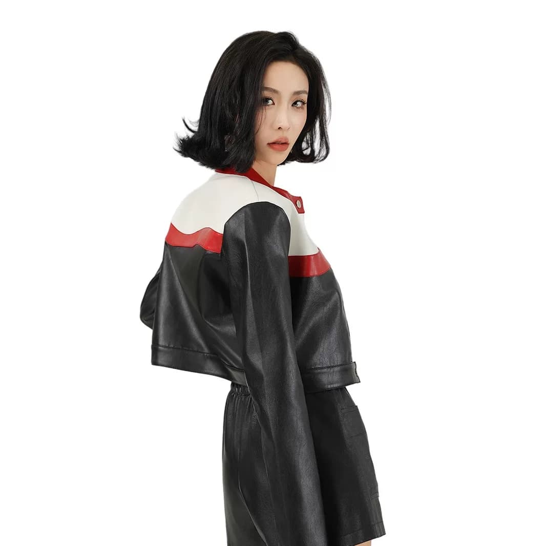 黑白撞色女款机车服皮衣短款夹克短外套收腰型拉链休闲上衣赛车服 - 缩略图5