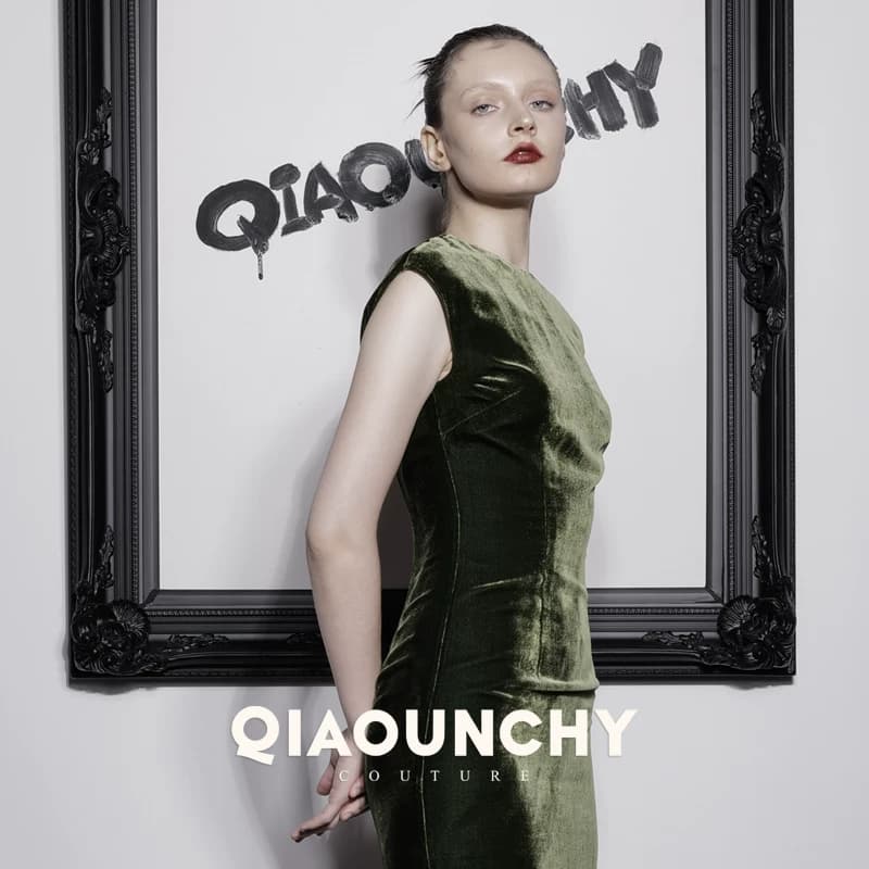 法式优雅 QIAOUNCHY俏云曦｜橄榄绿真丝丝绒法式抹袖修身连衣裙 - 缩略图3