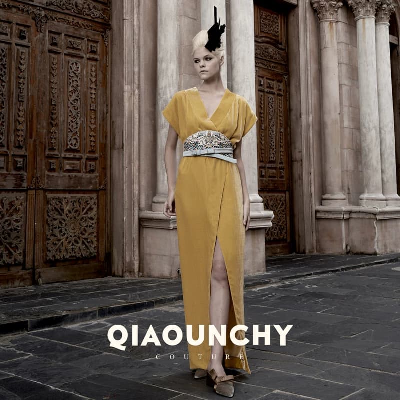 国风高定 QIAOUNCHY俏云曦｜明黄真丝丝绒手缝绣花腰带连衣裙长裙 - 缩略图3