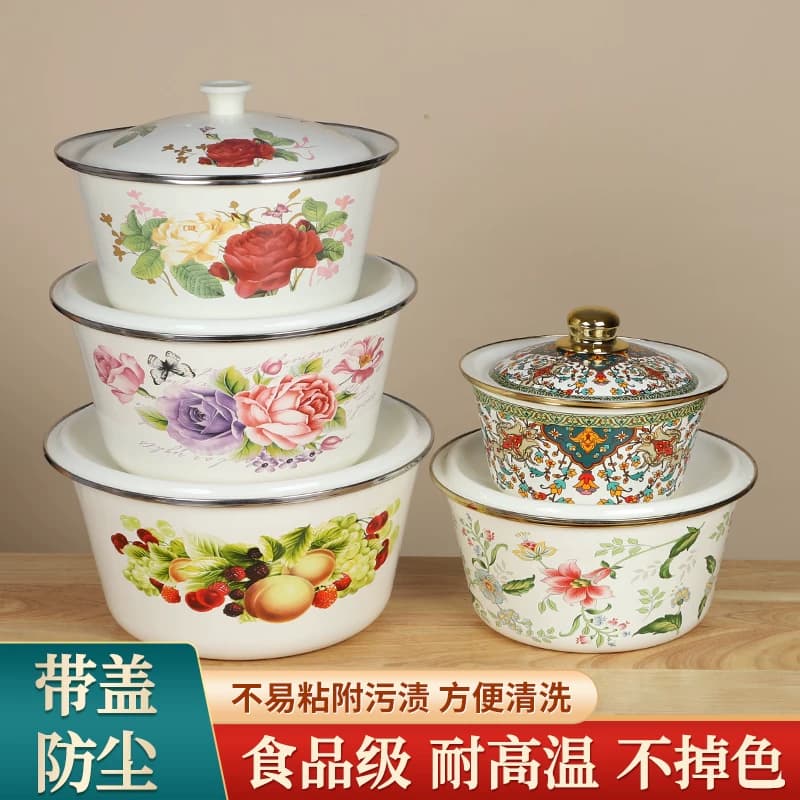 搪瓷猪油罐家用搪瓷盆碗加厚带盖食品级老式储荤油罐厨房拌陷料盆 - 缩略图2