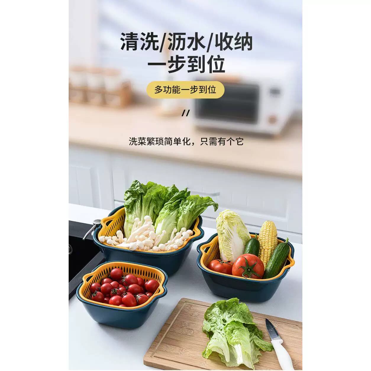 【6件套】洗菜盆沥水篮塑料洗菜篓双层方形洗菜筐子洗水果盘客厅 - 缩略图5